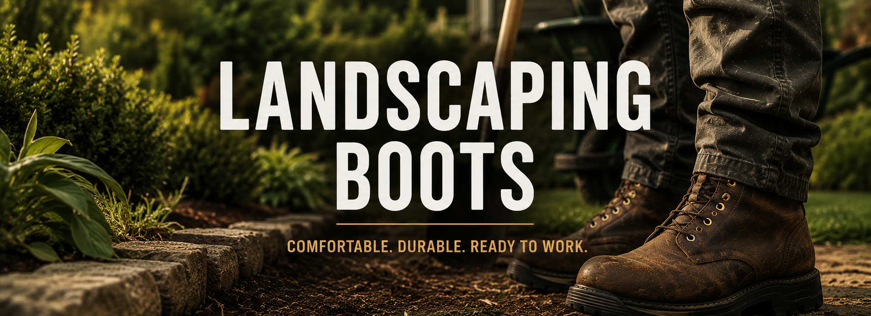 A person wearing brown leather landscaping boots and dark pants stands outdoors on soil beside a garden bed, with large text reading 'LANDSCAPING BOOTS' and smaller text 'COMFORTABLE. DURABLE.
