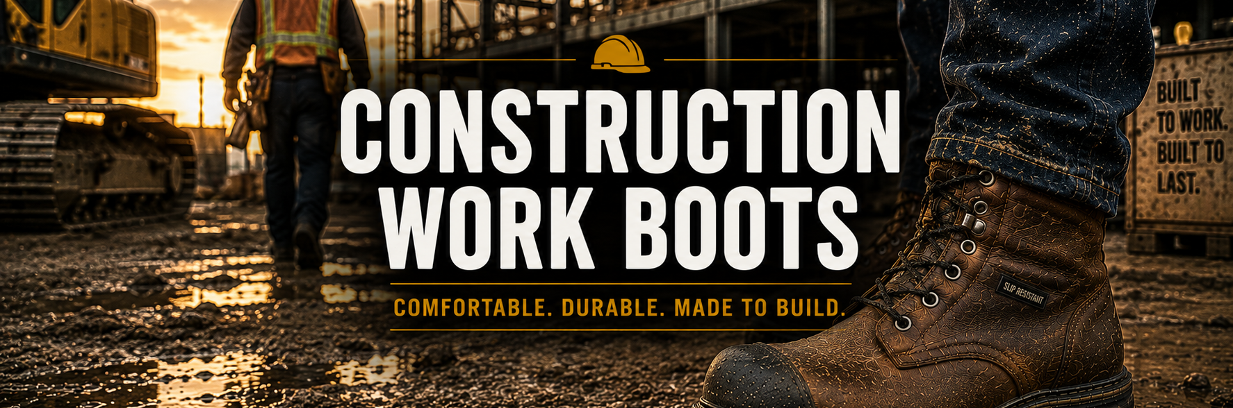 A close-up of a brown leather construction work boot worn on a person's foot, with a construction site and another worker in the background. Large white text reads 'CONSTRUCTION WORK BOOTS' with a yellow tagline below.