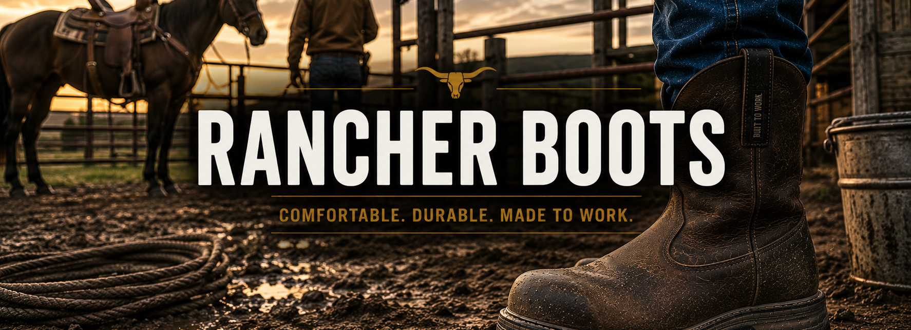 A close-up of a brown leather rancher boot worn with blue jeans in a muddy outdoor ranch setting at sunset, with a horse and cowboy in the background and large text reading 'RANCHER BOOTS'.