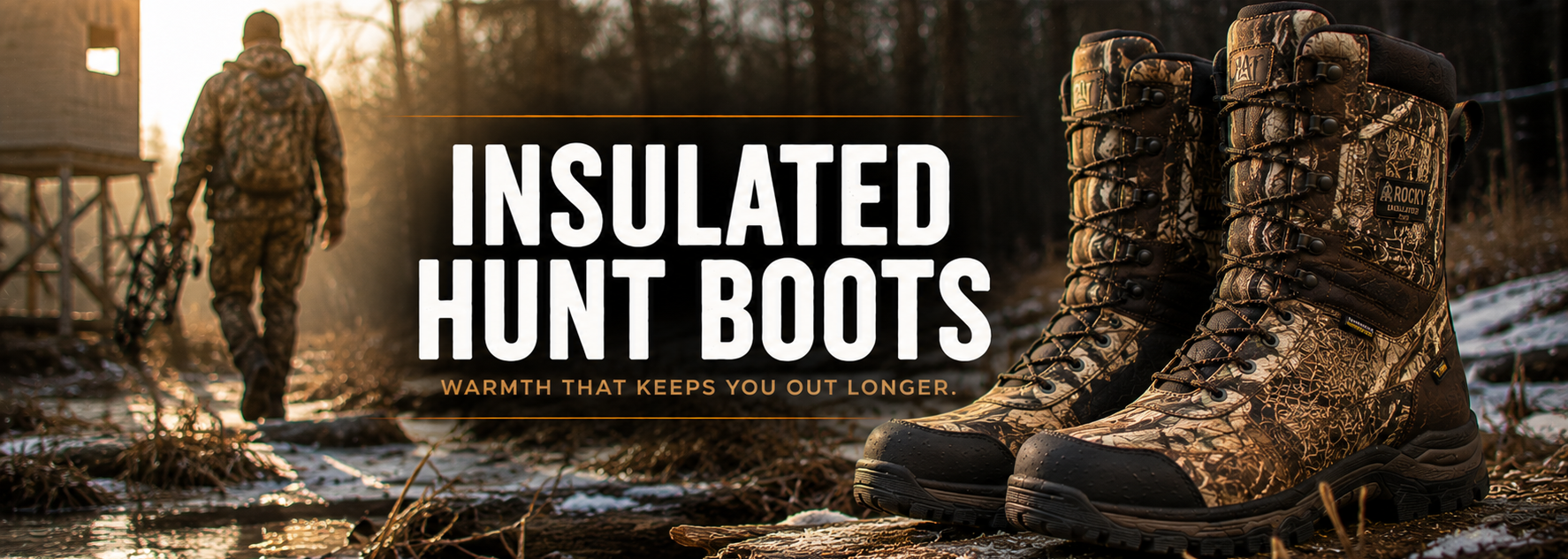 A pair of insulated hunting boots in a brown and tan camouflage pattern, shown in the foreground with a forest and a person walking in the background. Large white text reads 'INSULATED HUNT BOOTS' with smaller text below.
