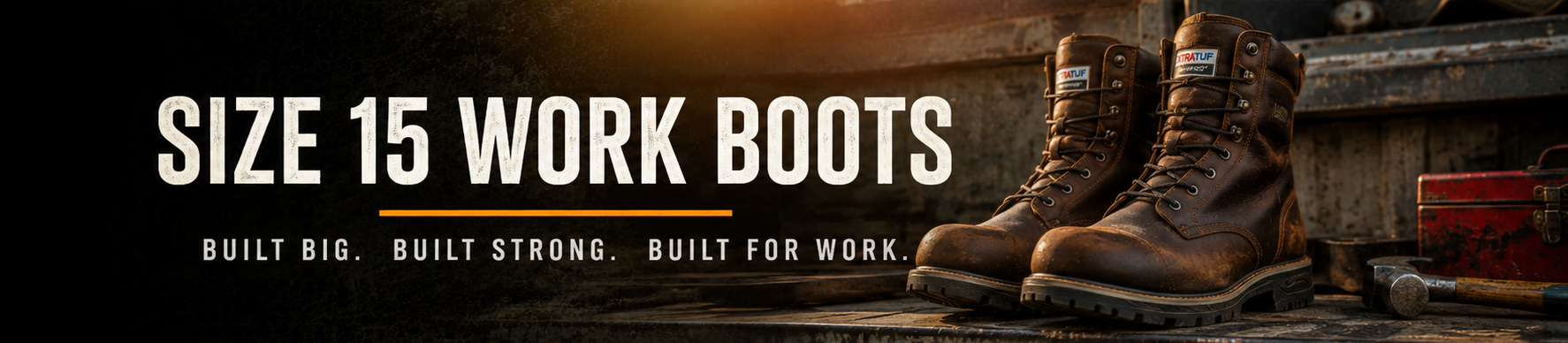 A pair of brown work boots displayed on a rustic wooden surface with promotional text reading 'SIZE 15 WORK BOOTS' and smaller tagline text, set against a dark banner with white margins above and below.