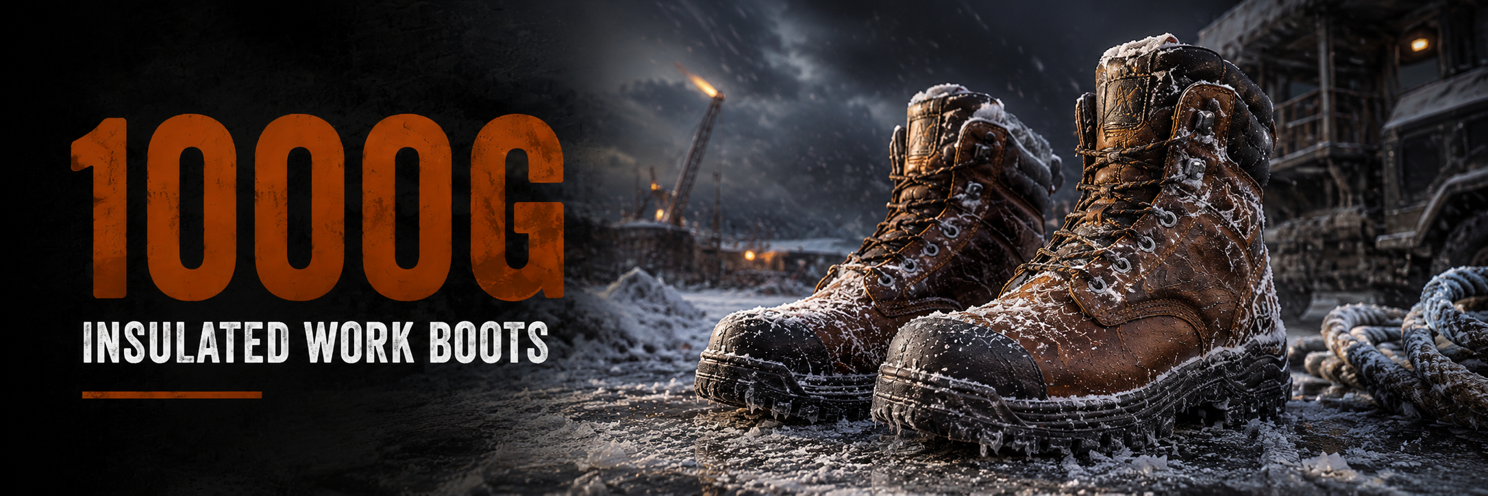 A pair of rugged insulated work boots shown in a snowy industrial outdoor setting, with large orange text reading '1000G' and smaller white text 'INSULATED WORK BOOTS' on the left.