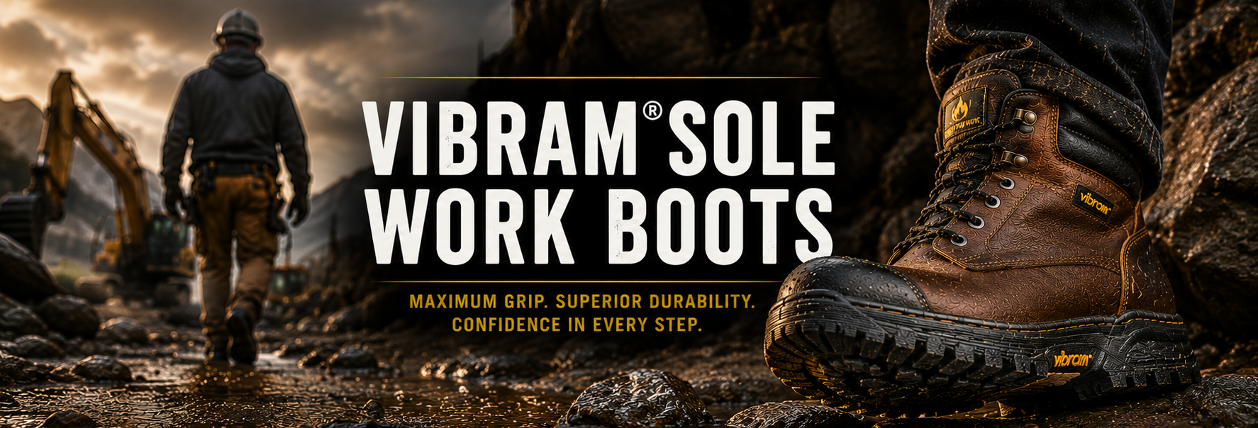 Vibram Sole Work Boots promotional graphic showing a close-up of a brown work boot on the right, a worker walking in a muddy construction site on the left, and large white text reading 'VIBRAM SOLE WORK BOOTS' with smaller tagline text in the center.