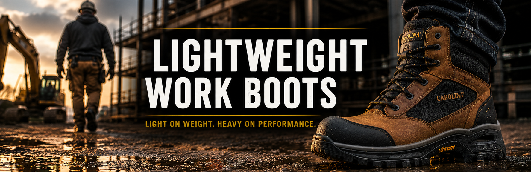 A close-up of a brown and black work boot on the right, with a construction worker in the background on the left. Large white text reads 'LIGHTWEIGHT WORK BOOTS' with smaller yellow text below.