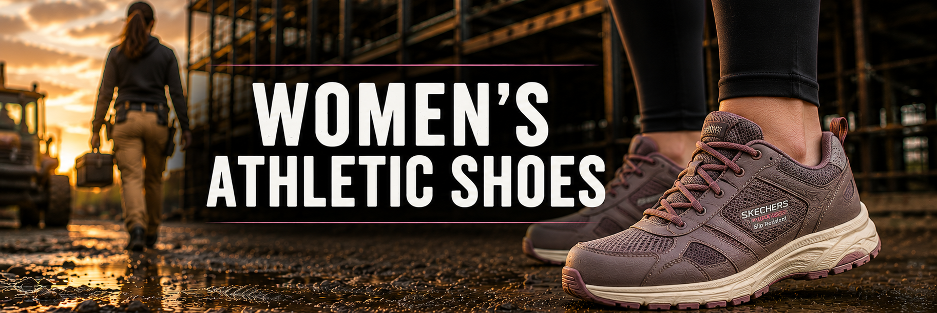A pair of women's athletic shoes in a dusty mauve-gray color, shown on a model's feet in an industrial outdoor setting at sunset. A woman is walking in the background, and bold white text reads 'WOMEN'S ATHLETIC SHOES'.