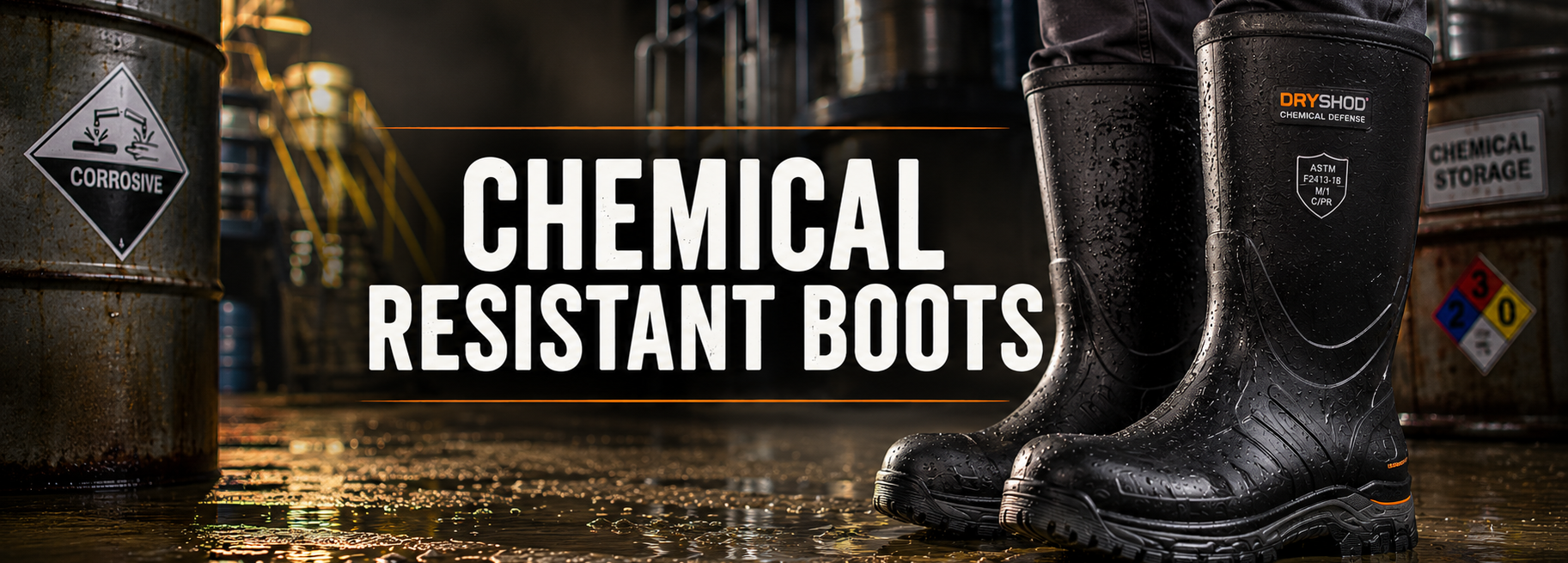 Black chemical resistant rubber boots worn on a person's feet, standing on a wet industrial floor with barrels in the background. Large white text reads 'CHEMICAL RESISTANT BOOTS' across the center.