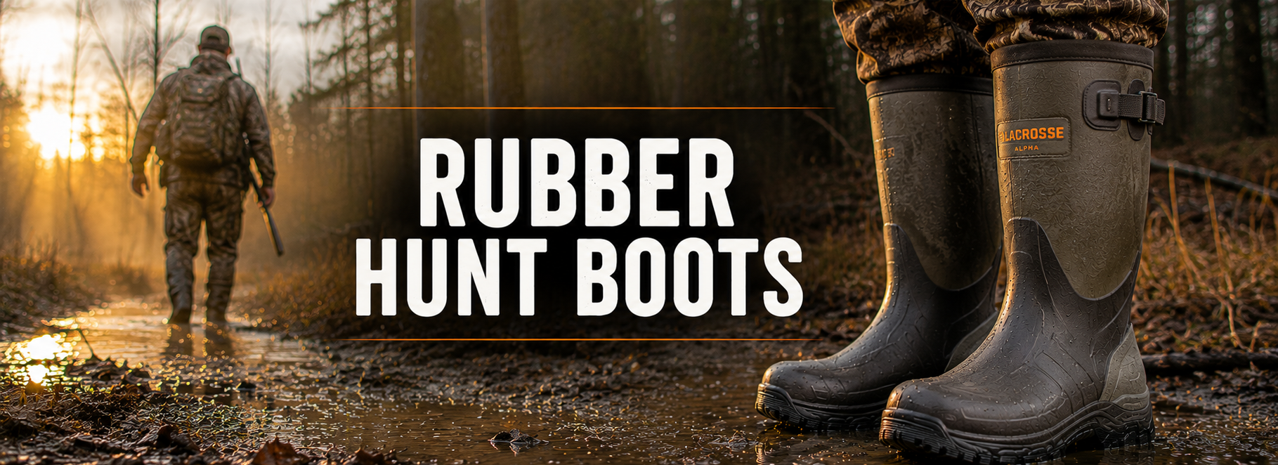 A pair of dark gray rubber hunting boots shown in a muddy forest setting, with a hunter walking in the background and large text reading 'RUBBER HUNT BOOTS'.