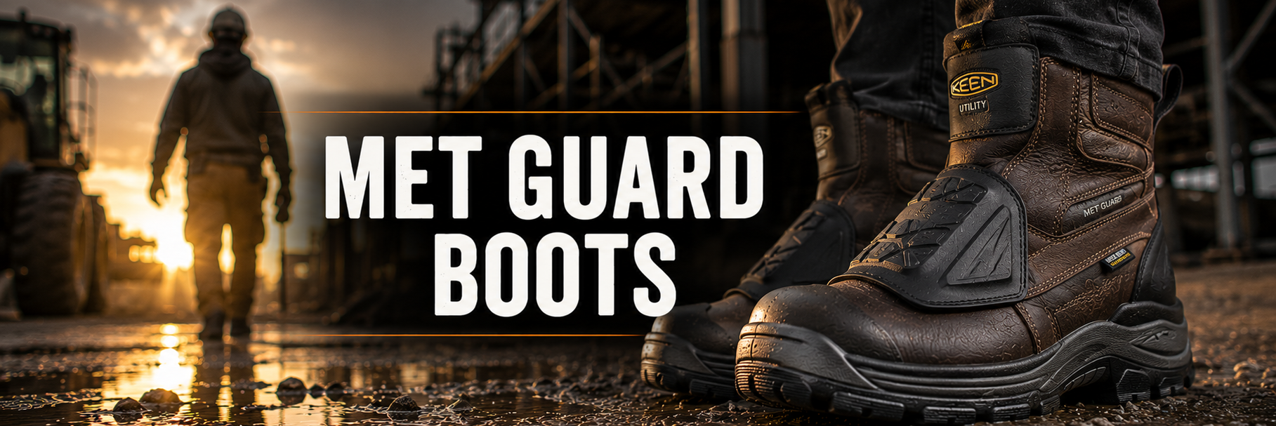 A pair of rugged brown Met Guard work boots shown in a close-up foreground, with a blurred industrial worker walking in the background at sunset. Large white text across the center reads 'MET GUARD BOOTS'.
