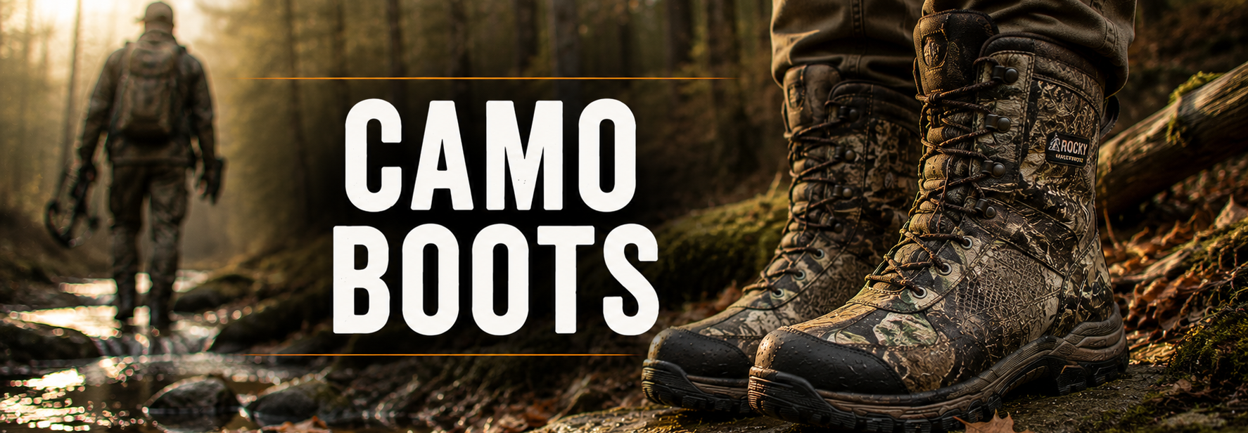A pair of camouflage hunting boots shown in a forest setting, with a blurred figure walking in the background and large white text reading 'CAMO BOOTS' across the center.