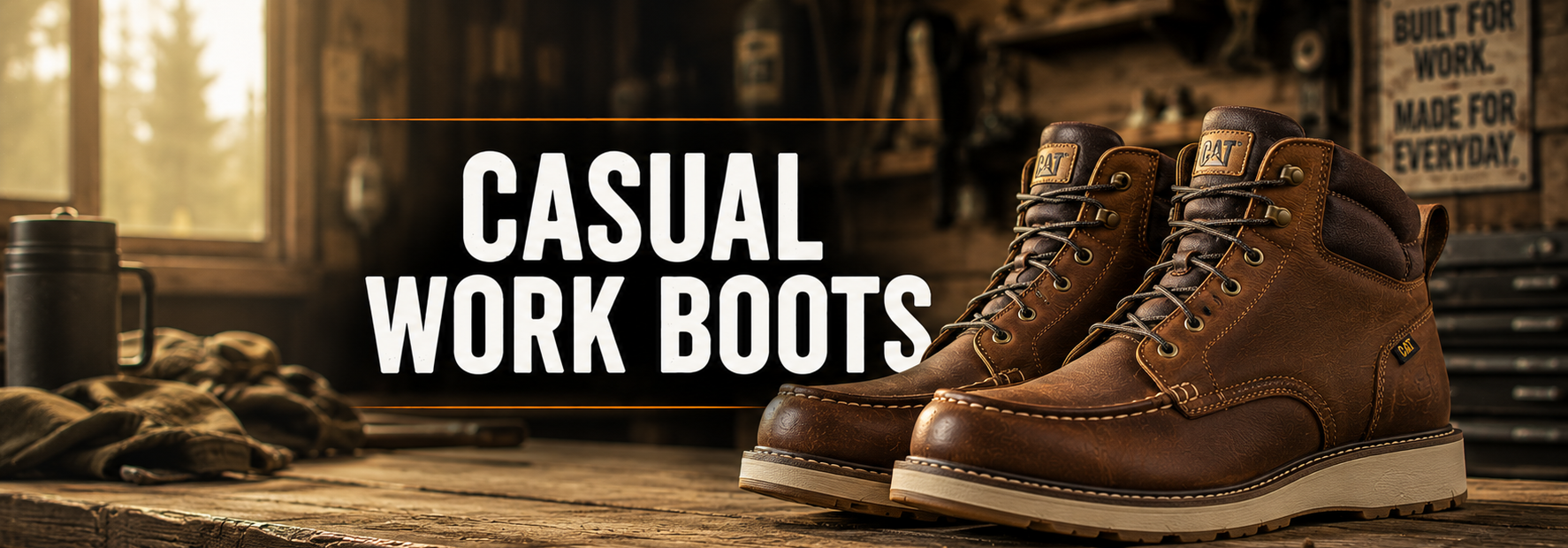 A pair of brown leather casual work boots with white soles, displayed on a rustic wooden table with a workshop background. Large white text reads 'CASUAL WORK BOOTS' across the center.