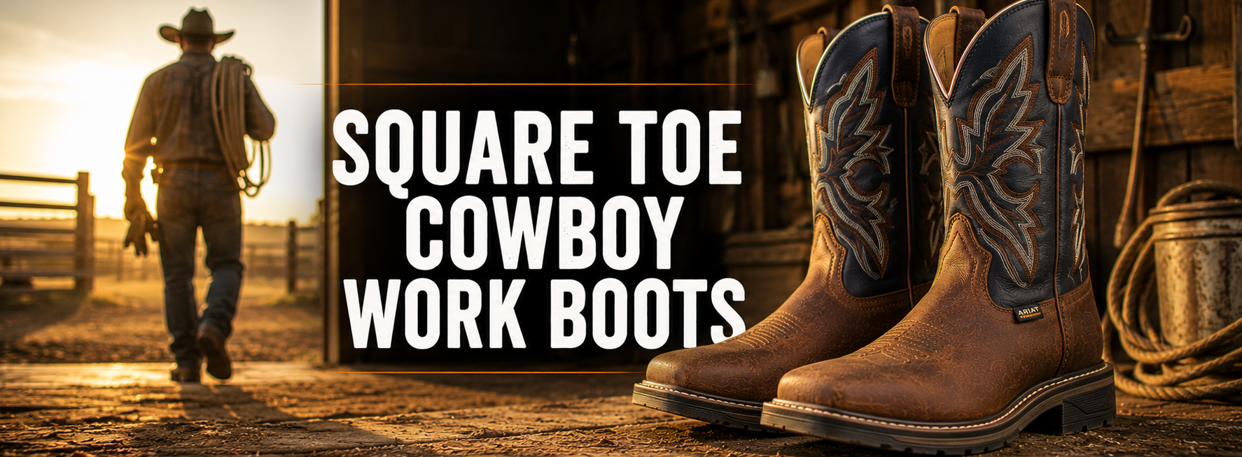 A pair of brown leather cowboy work boots with dark blue western embroidery on the shafts, shown next to a cowboy walking in a rustic barn scene. Large white text reads 'SQUARE TOE COWBOY WORK BOOTS'.