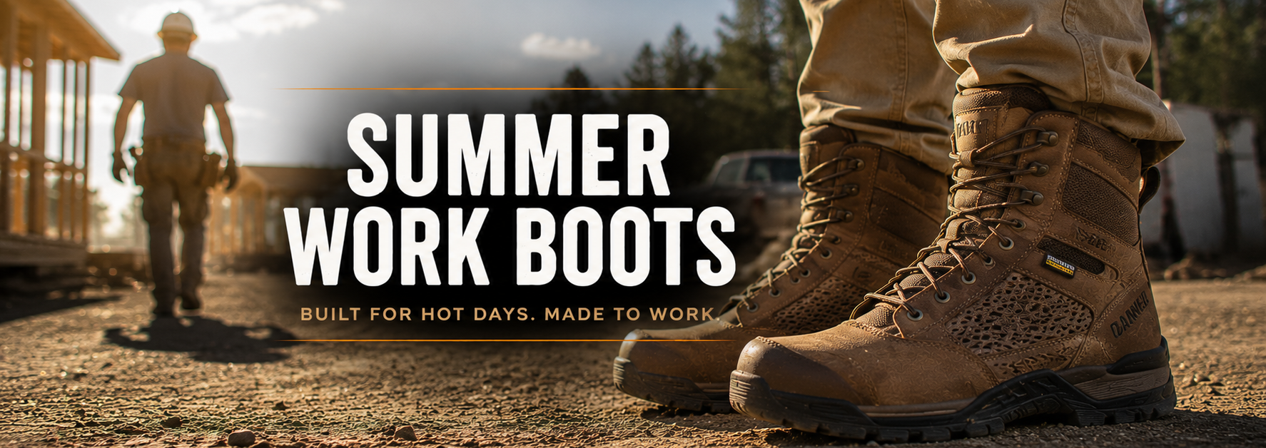 A pair of tan work boots worn on a person's feet, shown outdoors on a dirt work site with a blurred construction worker in the background. Large white text reads 'SUMMER WORK BOOTS' with smaller text 'BUILT FOR HOT DAYS.