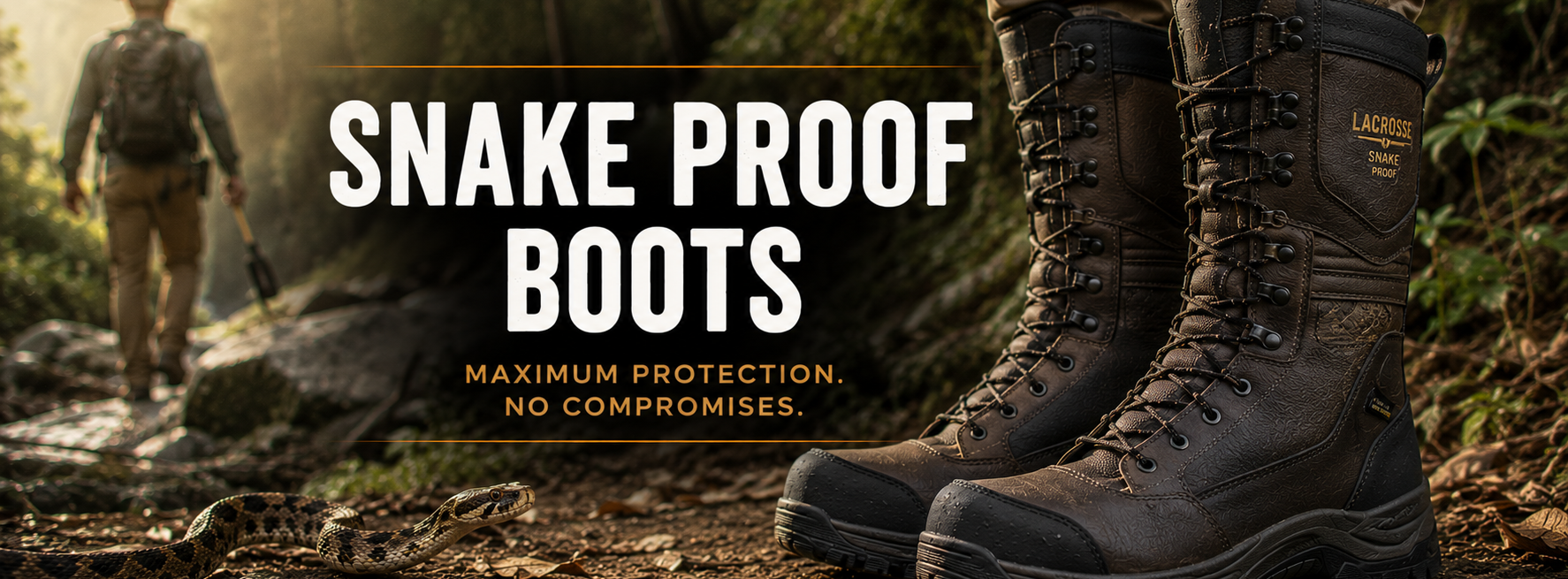 A pair of dark brown lace-up hiking boots shown in a forest setting, with a snake on the ground and a person walking in the background. Large text reads 'SNAKE PROOF BOOTS' with smaller text 'MAXIMUM PROTECTION.