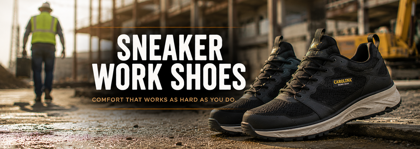 Black and gray work sneakers with white soles, shown in the foreground with a blurred construction site and a worker in the background. Large text reads 'SNEAKER WORK SHOES' with a smaller tagline below.