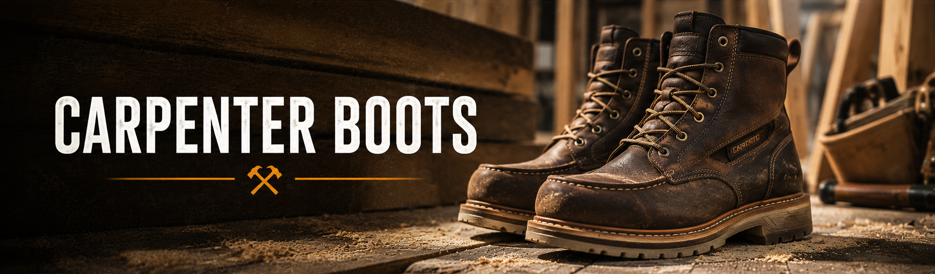 A pair of dark brown leather carpenter boots displayed on a rustic wooden workbench with wood panels in the background. The left side features a dark brown banner with the text 'CARPENTER BOOTS' in white and a small crossed-hammer logo.