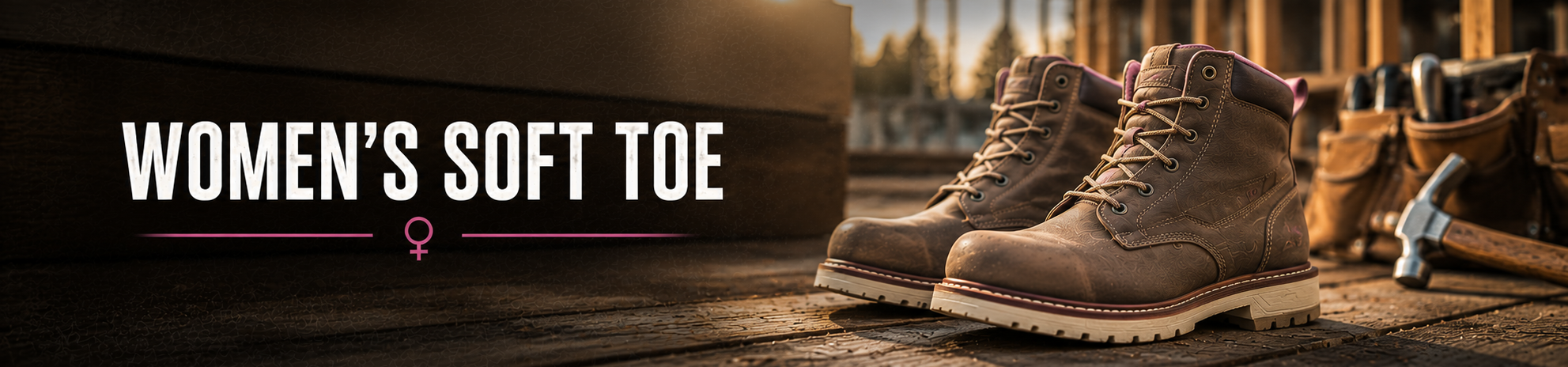 A pair of women's soft toe boots in brown leather, displayed on a rustic wooden surface with a workshop background. The left side of the image features a dark banner with the white text 'WOMEN'S SOFT TOE' and a small pink female symbol.