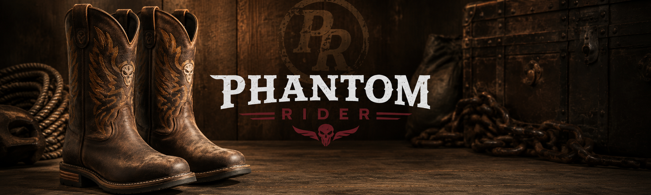 A pair of brown western cowboy boots with floral leather embroidery, displayed on a rustic wooden surface with a dark wooden chest, chain, and rope in the background. The text 'PHANTOM RIDER' is prominently displayed in the center.