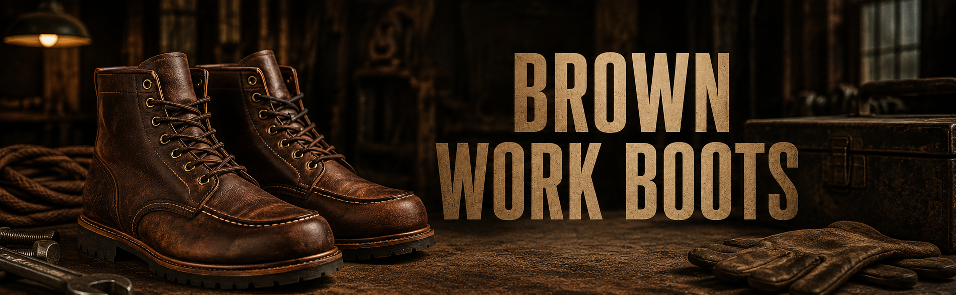 A pair of brown leather work boots displayed on a rustic wooden surface with a dark workshop background and large text reading 'BROWN WORK BOOTS'.