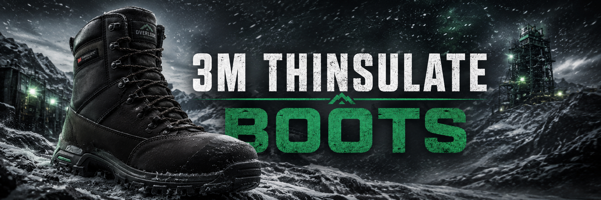 A black 3M Thinsulate boot shown in a snowy, dark outdoor scene with large text reading '3M THINSULATE BOOTS'.