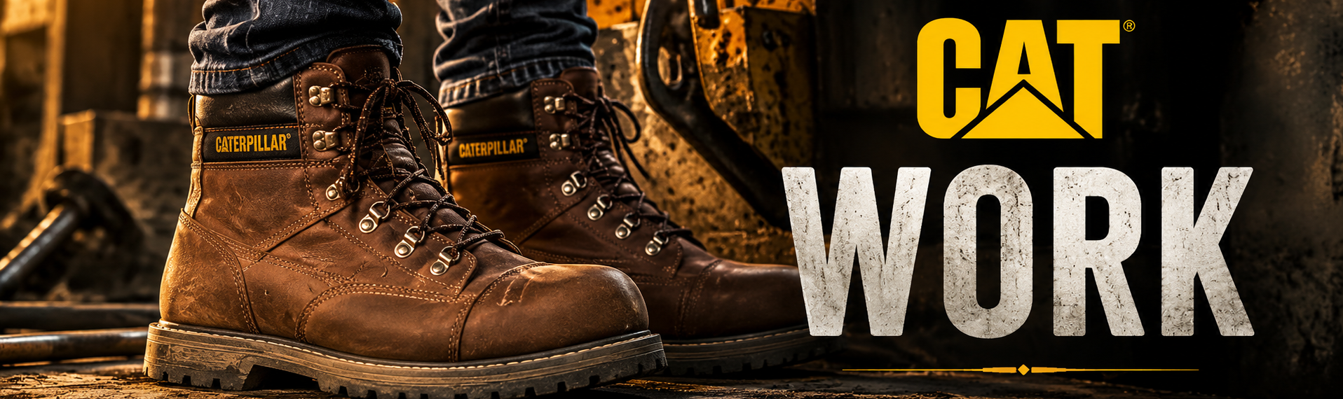 A pair of brown Caterpillar work boots worn with blue jeans in an industrial setting, with the yellow CAT logo and large white WORK text on the right.