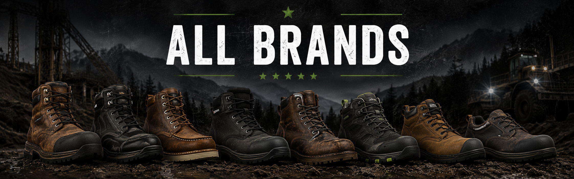 A promotional banner showing a lineup of various outdoor boots and hiking shoes in brown, black, and tan tones against a dark, misty mountain forest background. The text 'ALL BRANDS' is displayed prominently in white at the top center.