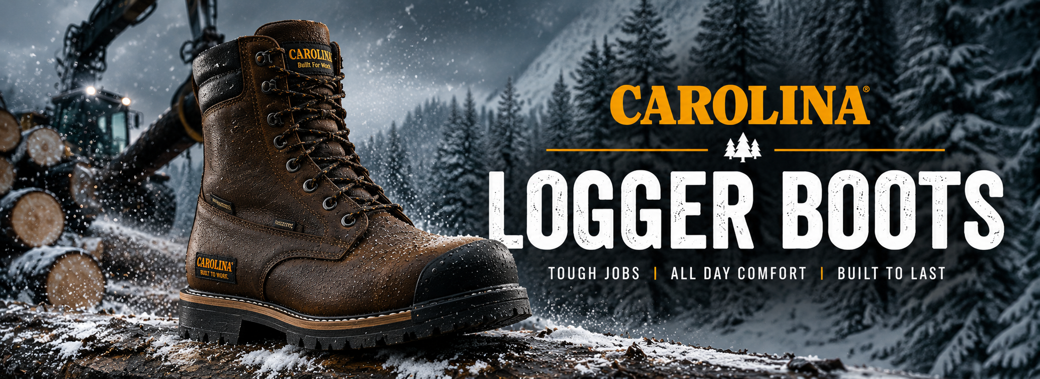 A single brown Carolina Logger Boot is shown prominently in a snowy outdoor logging scene with trees, snow, and large overlaid text reading 'CAROLINA LOGGER BOOTS.' This is not a clean studio product shot because a real environment is present, so subject_type is Lifestyle rather than Product/Packaging.