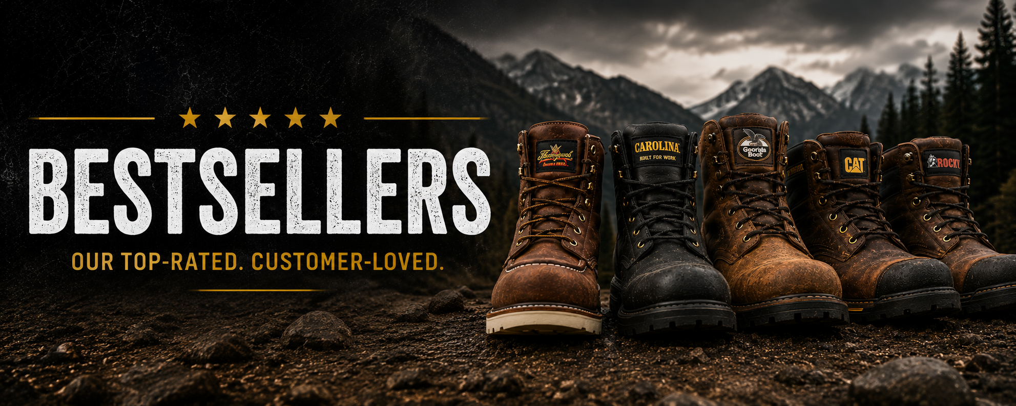 A promotional banner showing a lineup of rugged outdoor boots on a rocky mountain trail with dark mountains and pine trees in the background. Large white text reads 'BESTSELLERS' with five gold stars above and the subtitle 'OUR TOP-RATED.