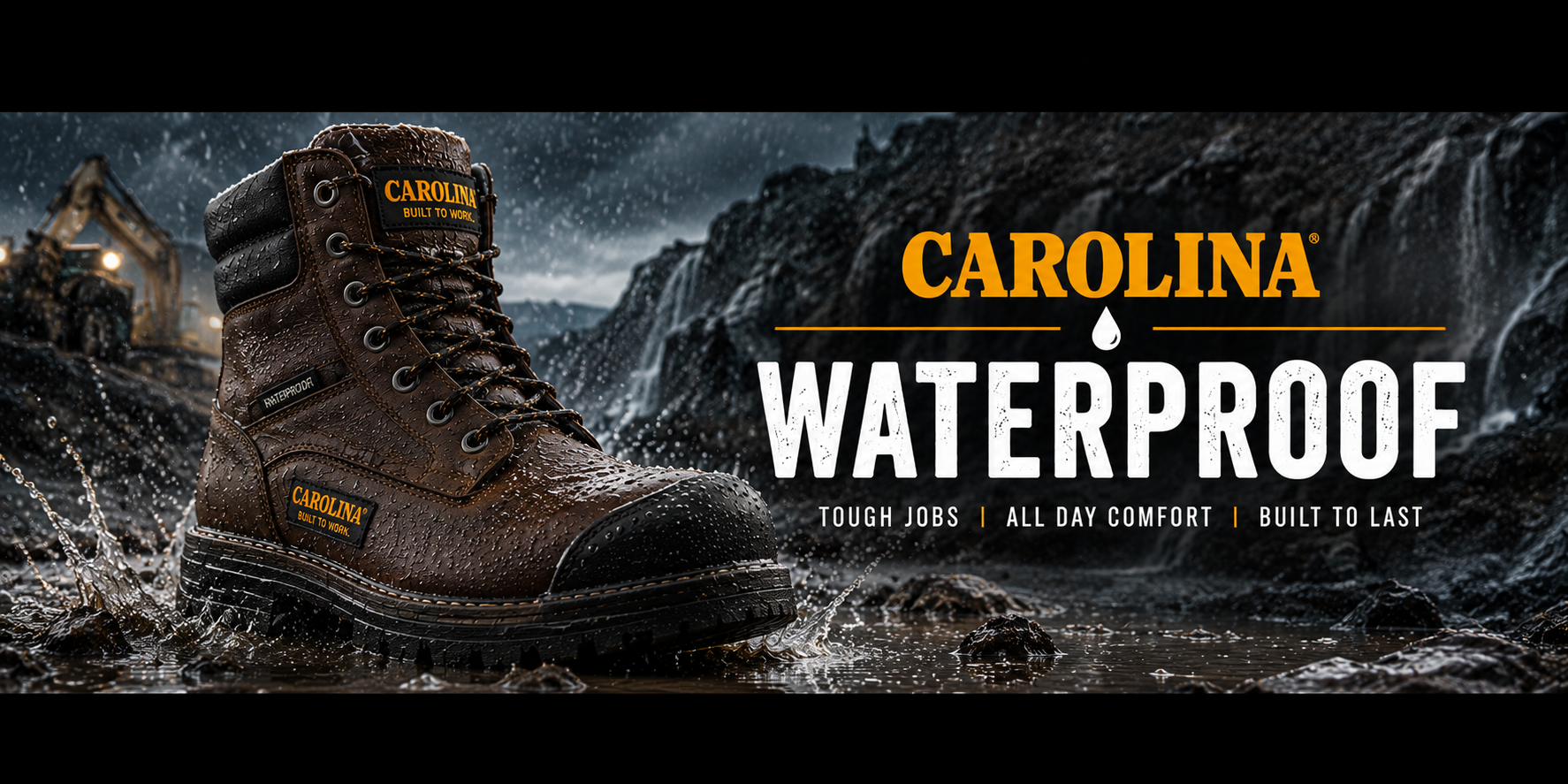 A brown Carolina Waterproof work boot standing in muddy water, with a dark mountainous outdoor background and large text reading 'CAROLINA WATERPROOF' on the right side.