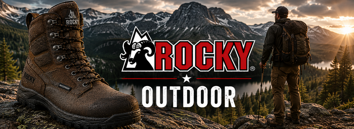 A brown lace-up outdoor boot is shown prominently in the foreground on a rocky surface, with a mountain landscape and a hiker in the background. The Rocky Outdoor logo is centered over the scene.