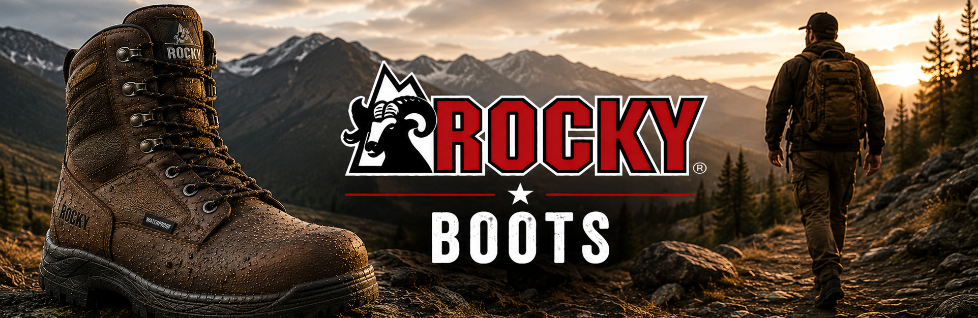 A promotional graphic for Rocky Boots featuring a large brown lace-up work boot on the left, the Rocky Boots logo in the center, and a man hiking on a mountain trail at sunset on the right.