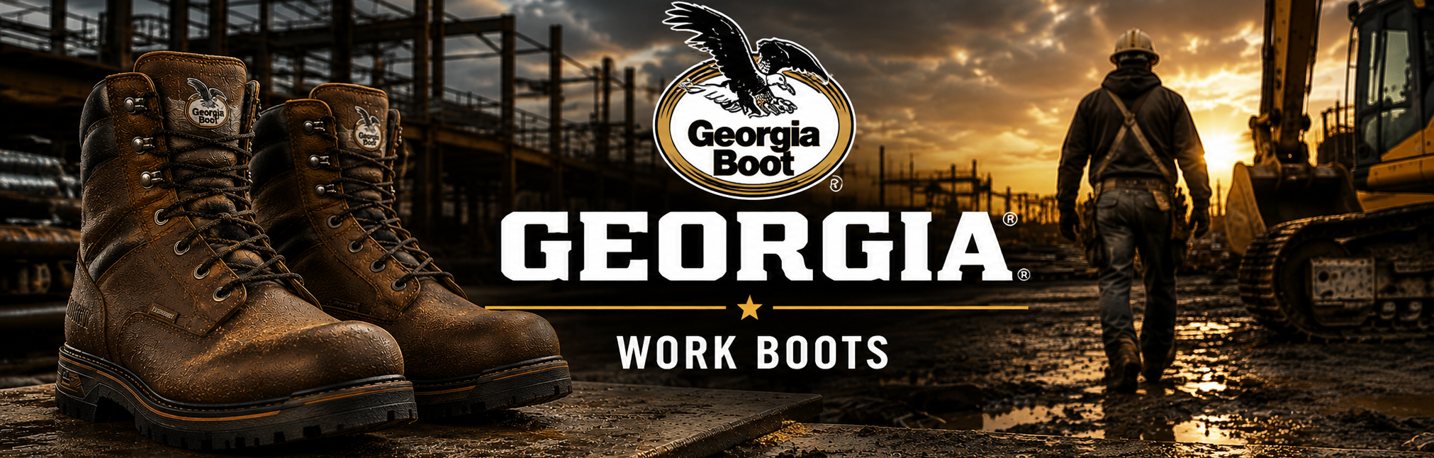 A pair of rugged brown leather work boots displayed in a construction site setting at sunset, with a worker and excavator in the background. The Georgia Boot logo and the words 'GEORGIA WORK BOOTS' are prominently overlaid in the center.