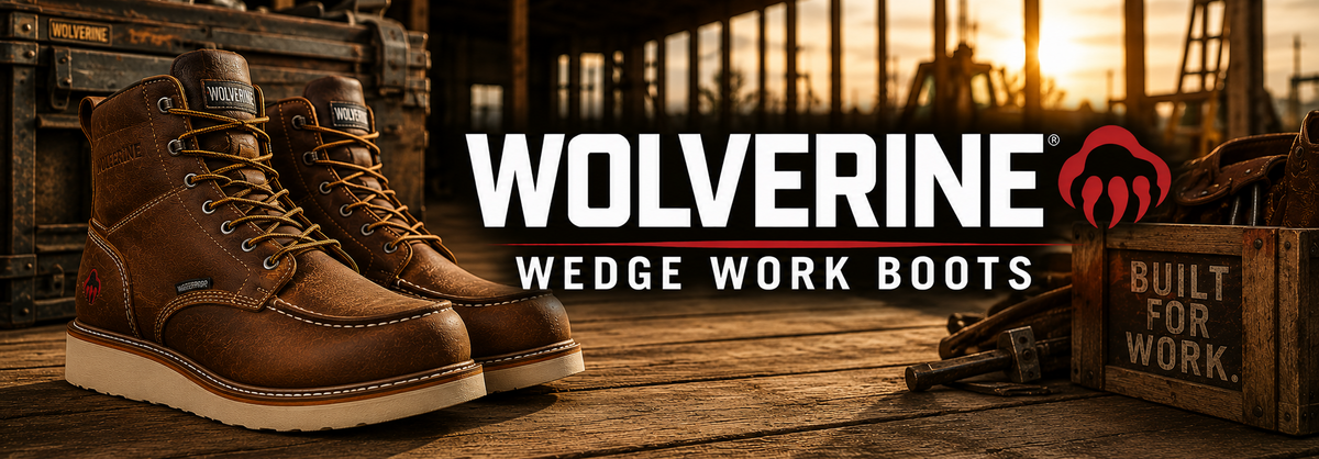 A pair of brown leather Wolverine wedge work boots displayed on a rustic wooden workbench with tools and a crate, set against a warm sunset backdrop in a workshop. The text 'WOLVERINE WEDGE WORK BOOTS' is prominently displayed in the center.