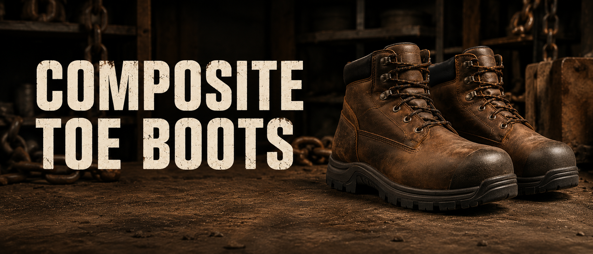 A pair of brown composite toe work boots displayed on a rustic wooden surface with a dark workshop background, featuring large text overlay that reads 'COMPOSITE TOE BOOTS'.