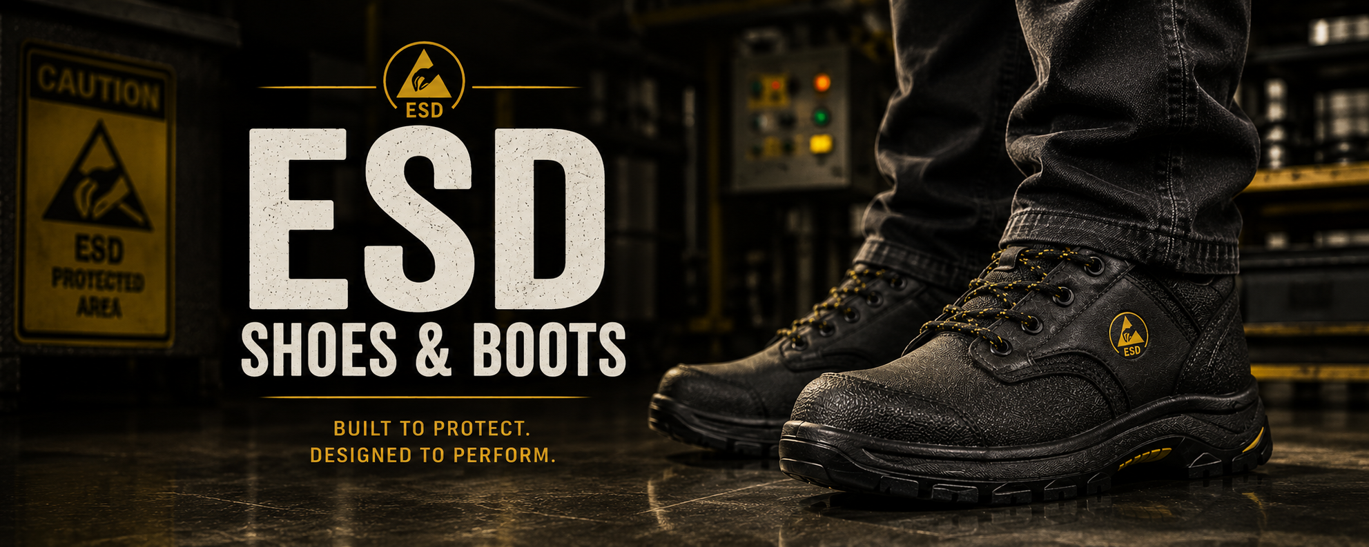 A pair of black ESD safety shoes and boots worn with dark jeans, shown in a workshop setting with large 'ESD SHOES & BOOTS' text on the left.