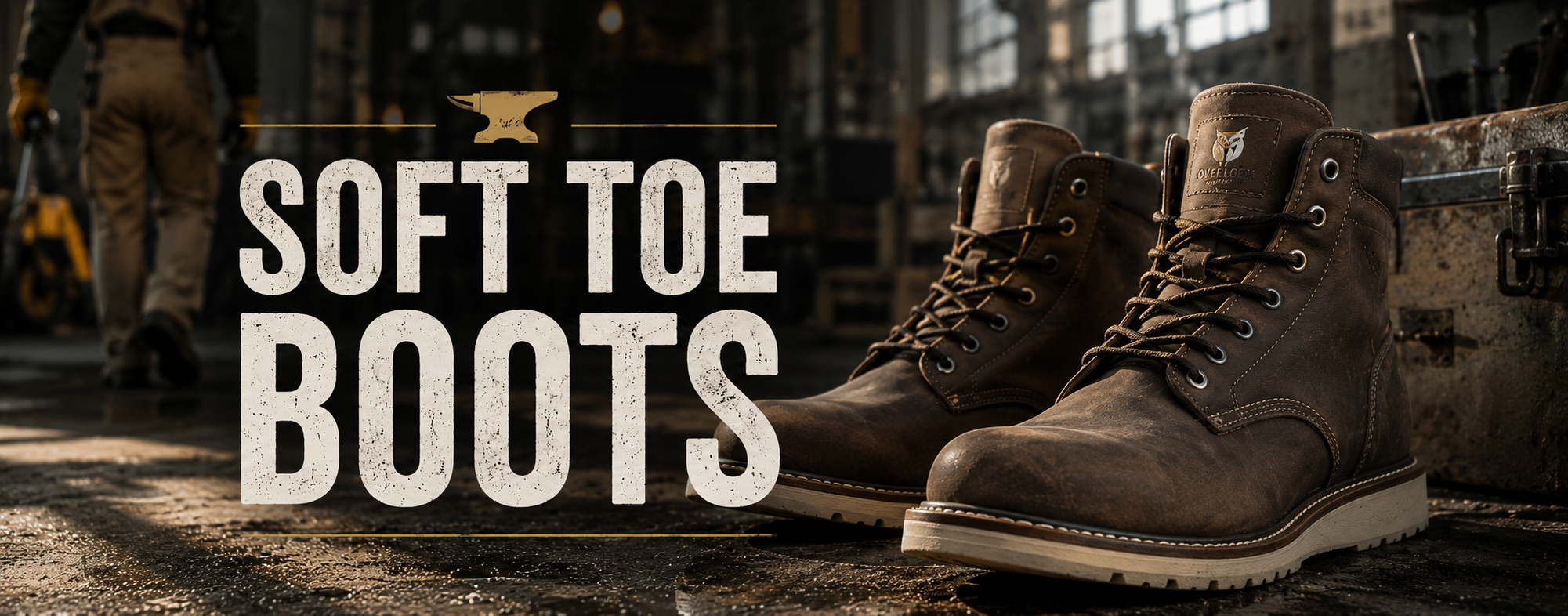 A pair of dark brown leather lace-up boots displayed in a workshop setting with large text overlay reading 'SOFT TOE BOOTS' and a small anvil logo above.