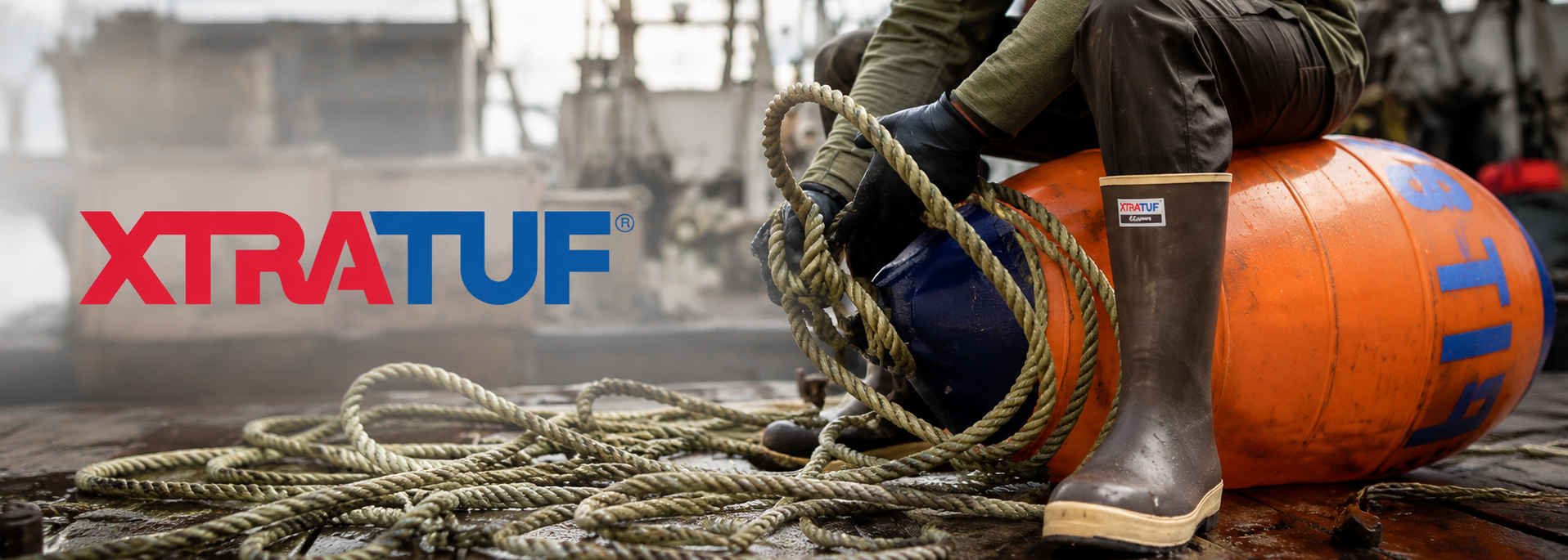 A person in wet work boots and gloves sits on an orange buoy on a dock, handling thick rope. The XTRATUF logo is displayed in red and blue on the left side of the image.