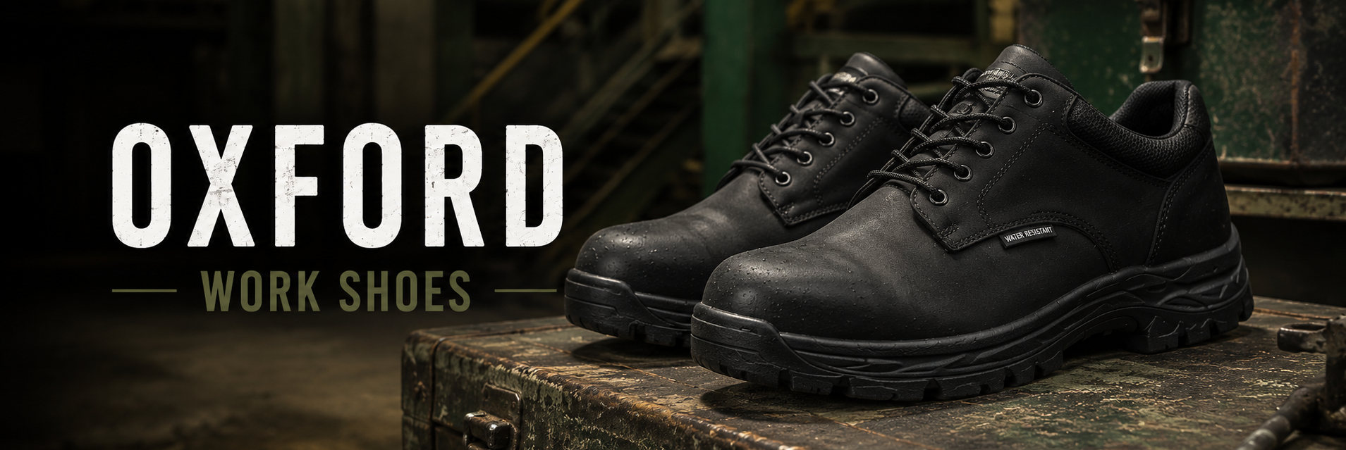 A pair of black leather Oxford work shoes displayed on a rustic wooden crate in a dark workshop setting, with the text 'OXFORD WORK SHOES' on the left.