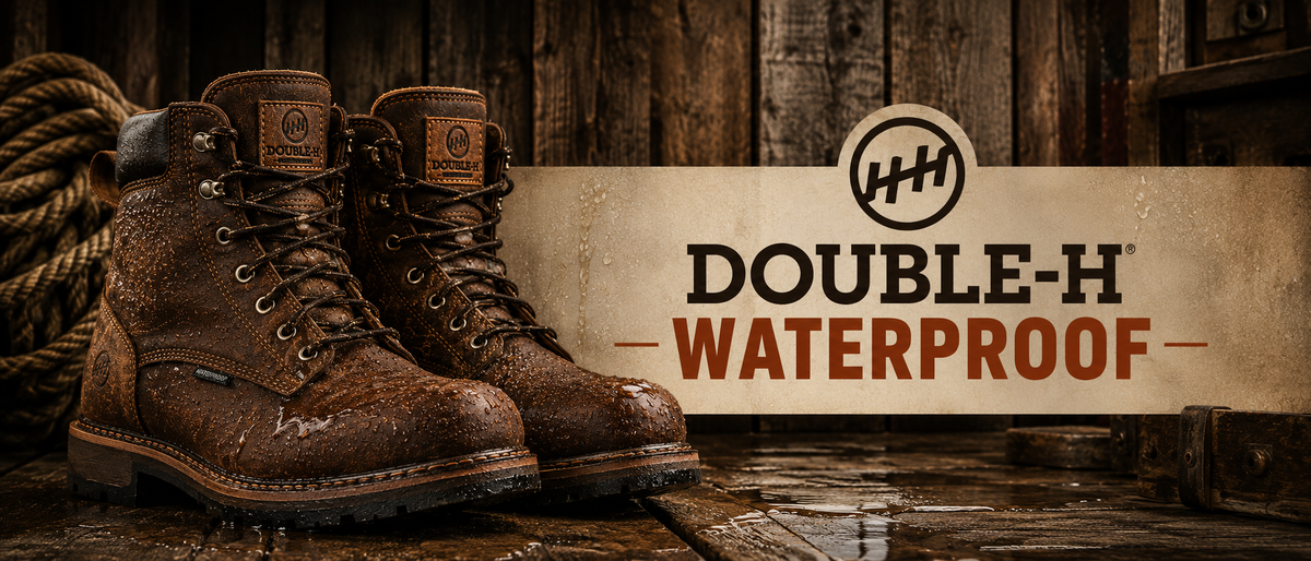 A pair of brown lace-up waterproof boots displayed on a rustic wooden surface with a rope prop, alongside a banner that reads 'DOUBLE-H WATERPROOF' with a circular HH logo.