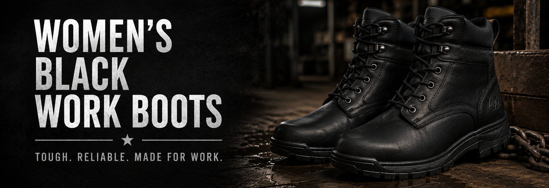 A pair of women's black leather work boots displayed on a dark industrial floor next to large white text that reads 'WOMEN'S BLACK WORK BOOTS' with the tagline 'TOUGH. RELIABLE.
