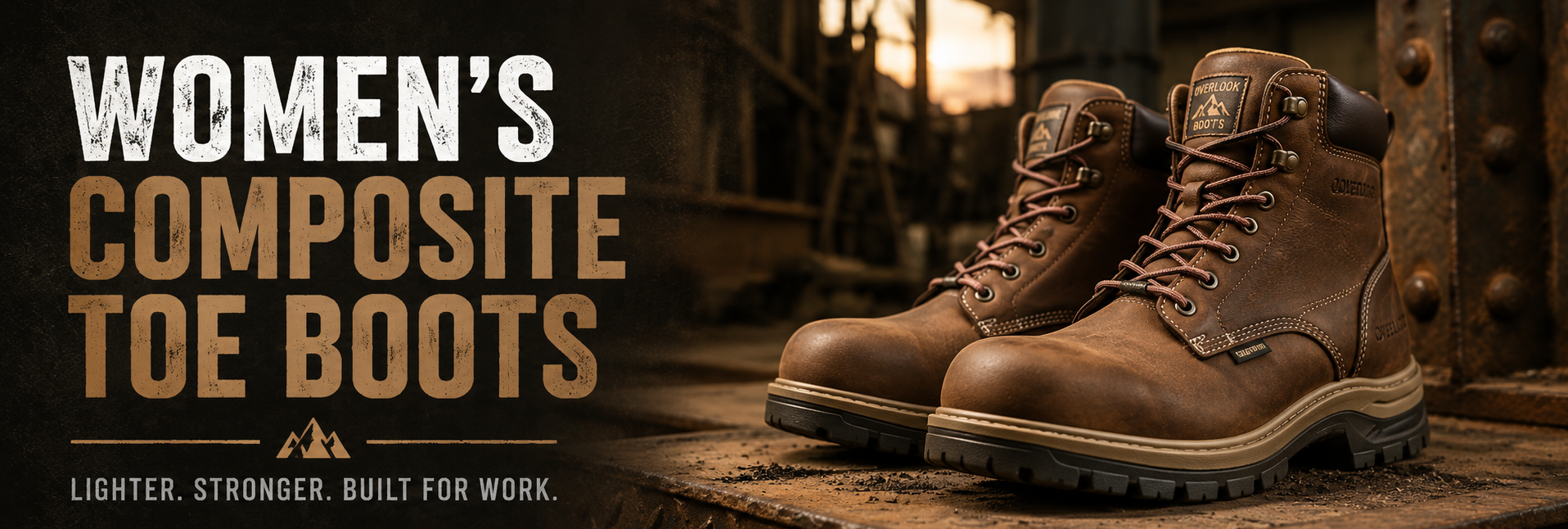 A pair of women's brown composite toe boots shown on a rustic industrial platform with large text reading 'WOMEN'S COMPOSITE TOE BOOTS' on the left.