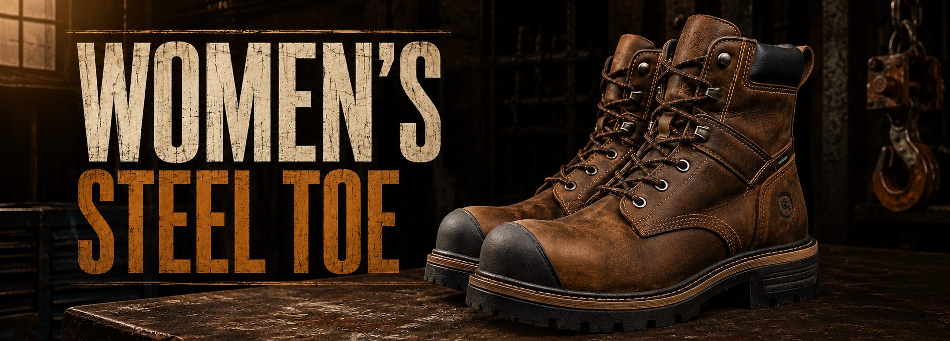 A pair of women's brown leather lace-up boots displayed on a rustic wooden surface with a dark industrial background. Large text on the left reads 'WOMEN'S STEEL TOE'.