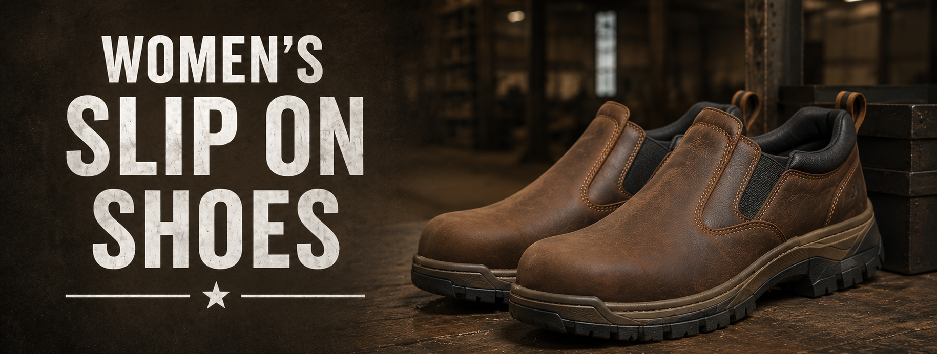 A pair of women's brown slip-on work shoes displayed on a rustic wooden surface with a dark warehouse background. The left side features a large text overlay reading 'WOMEN'S SLIP ON SHOES' in white capital letters.