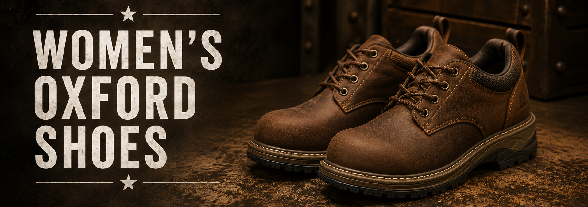 A pair of brown leather women's oxford shoes displayed on a rustic wooden surface next to bold white text that reads 'WOMEN'S OXFORD SHOES'.