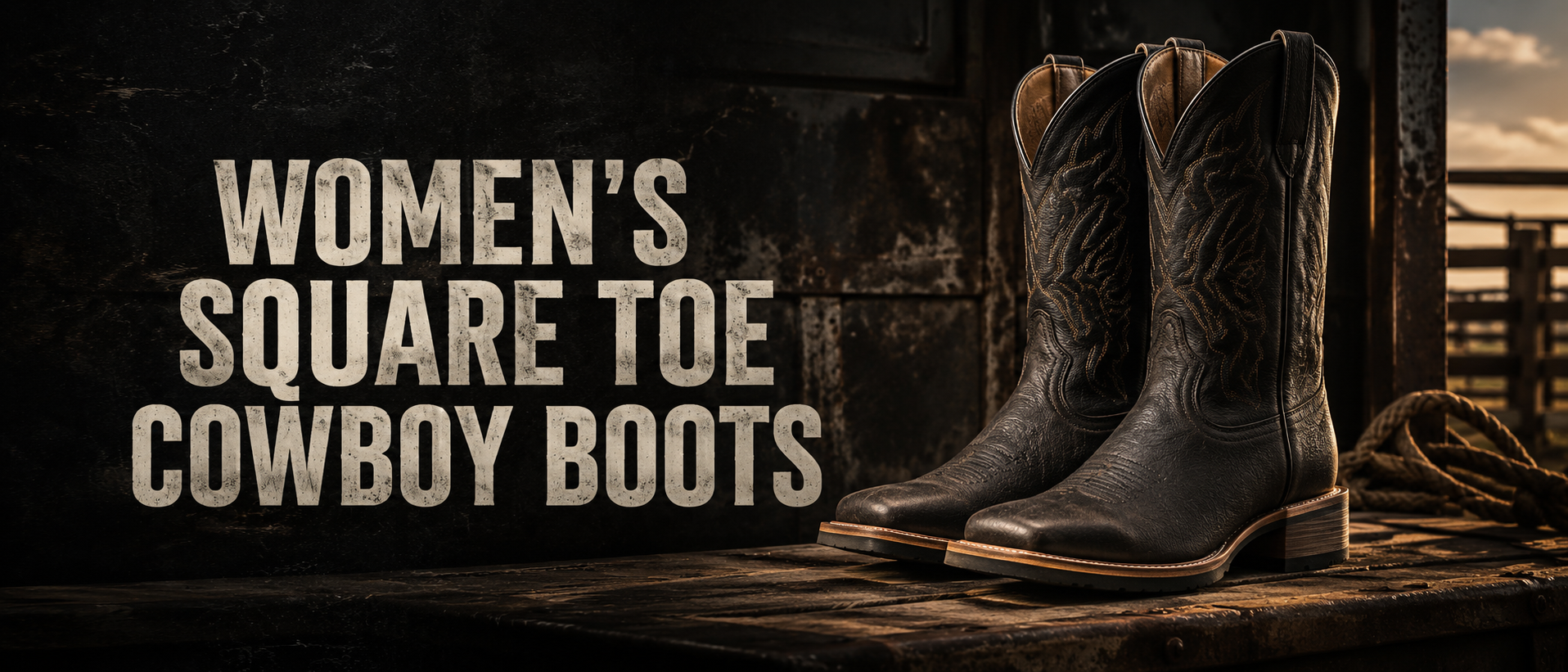 A pair of dark brown leather women's cowboy boots with square toes, displayed on a rustic wooden surface against a dark western background with the text 'WOMEN'S SQUARE TOE COWBOY BOOTS'.