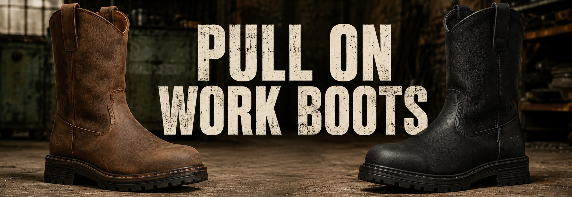 Two work boots shown side by side in a workshop-like setting with large text reading 'PULL ON WORK BOOTS' between them. The left boot is brown leather and the right boot is black leather.