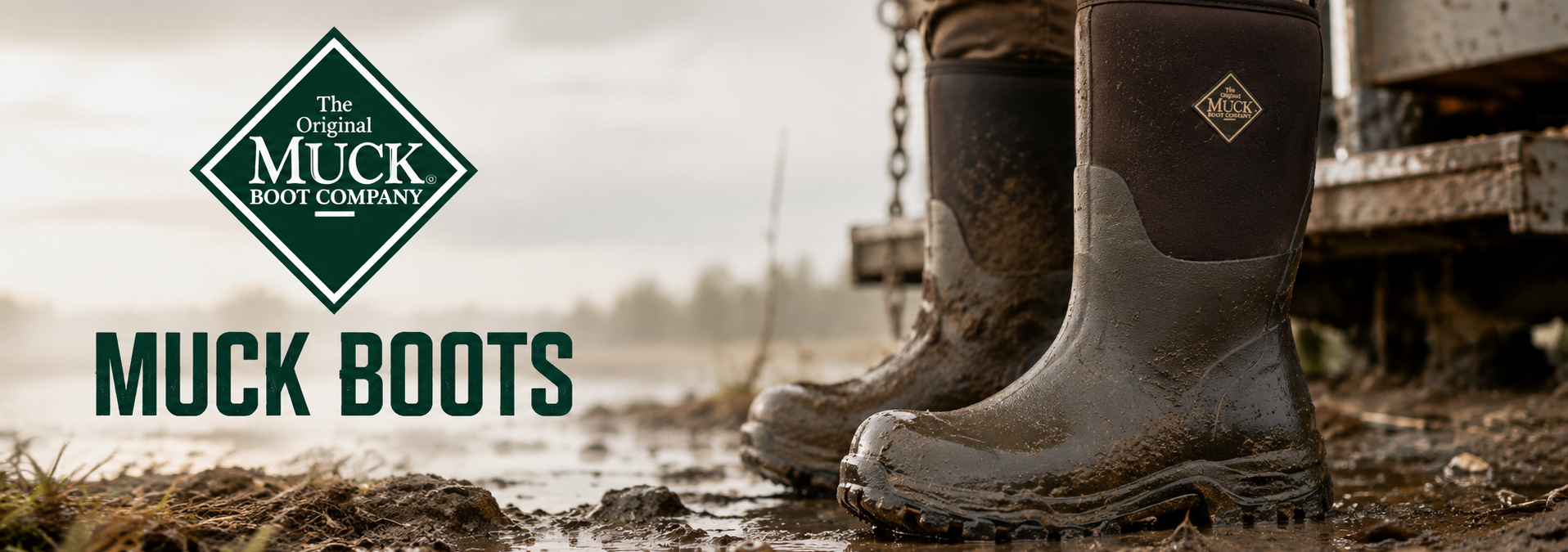 A pair of muddy brown and black Muck Boots standing in wet mud near a vehicle, with the Muck Boots logo and the words 'MUCK BOOTS' overlaid on the left side.