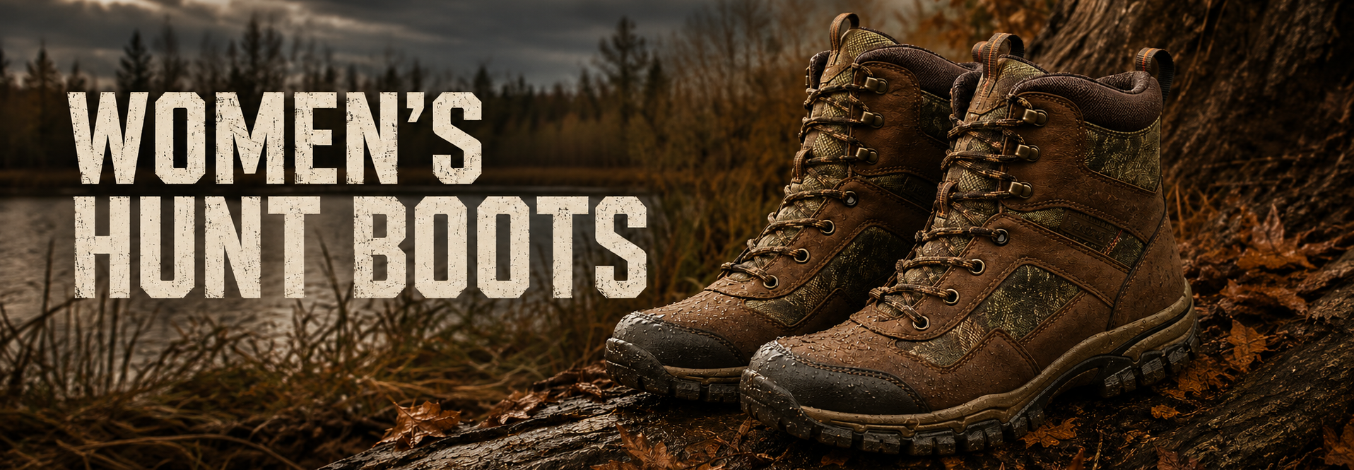 A pair of brown lace-up hunting boots displayed on a log outdoors with autumn leaves and a forest in the background, with the text 'WOMEN'S HUNT BOOTS' overlaid on the left.