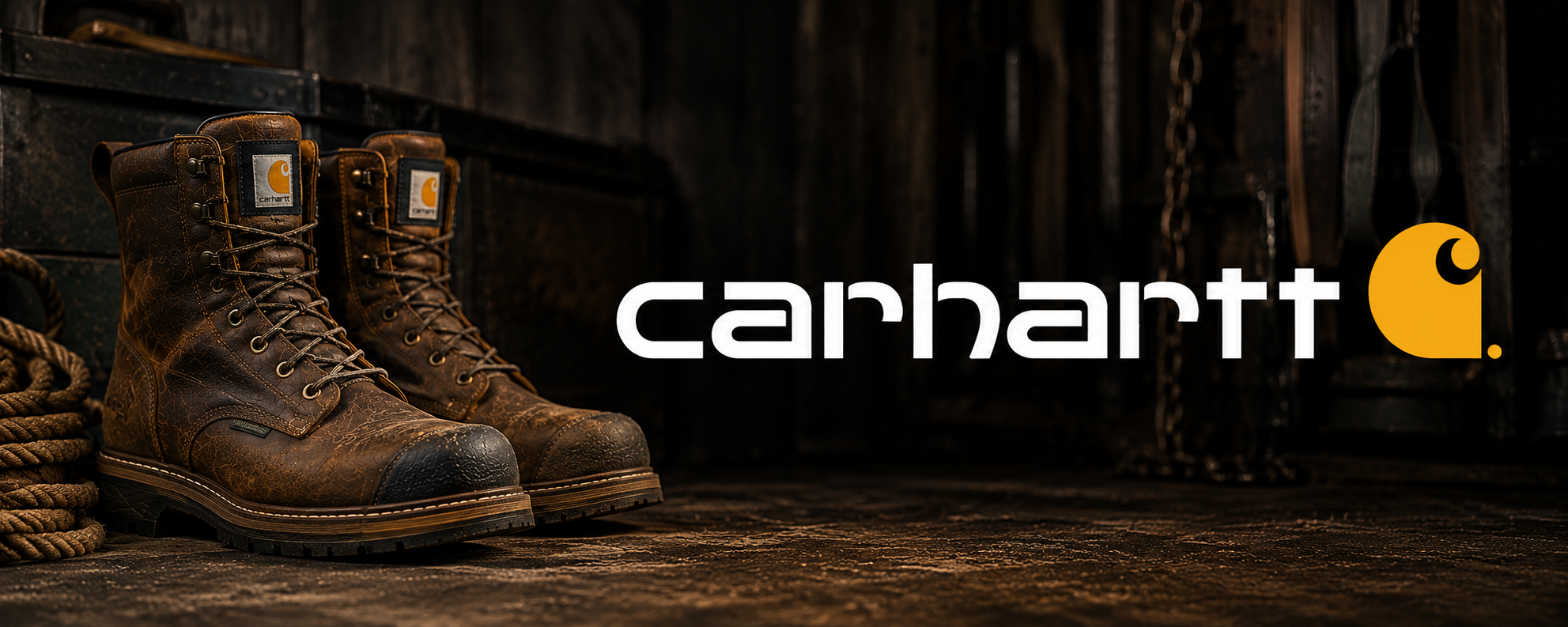 A pair of rugged brown Carhartt work boots displayed on a dark wooden surface, with the Carhartt logo prominently shown on the right against a moody workshop background.