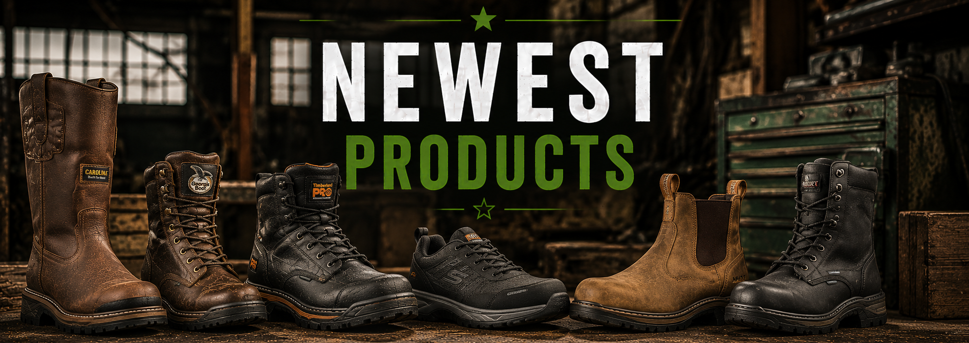 A promotional banner showing a lineup of various work boots in brown, black, and tan, set against a rustic workshop background with the text 'NEWEST PRODUCTS' overlaid in the center.