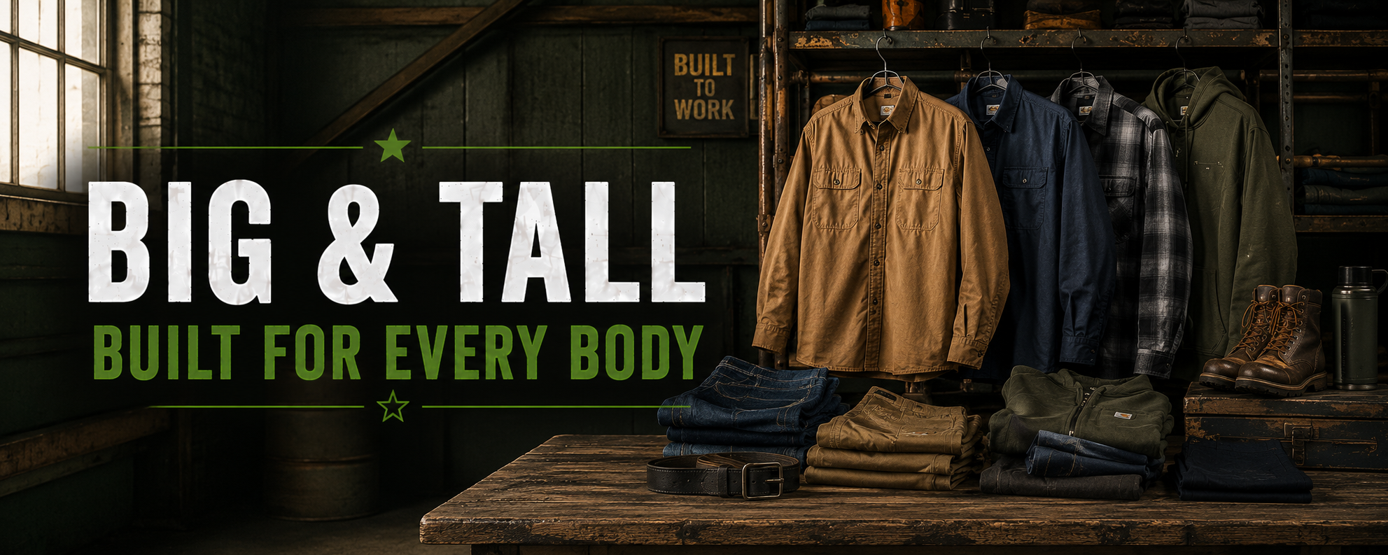 A promotional banner for apparel featuring the text 'BIG & TALL BUILT FOR EVERY BODY' over a rustic warehouse-style display with hanging and folded clothing in brown, blue, and green tones.